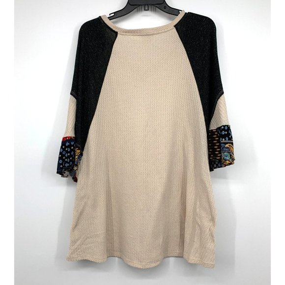 Umgee Top Waffle Knit Patchwork Flare Sleeve V Neck Tunic Pockets - Picture 8 of 11